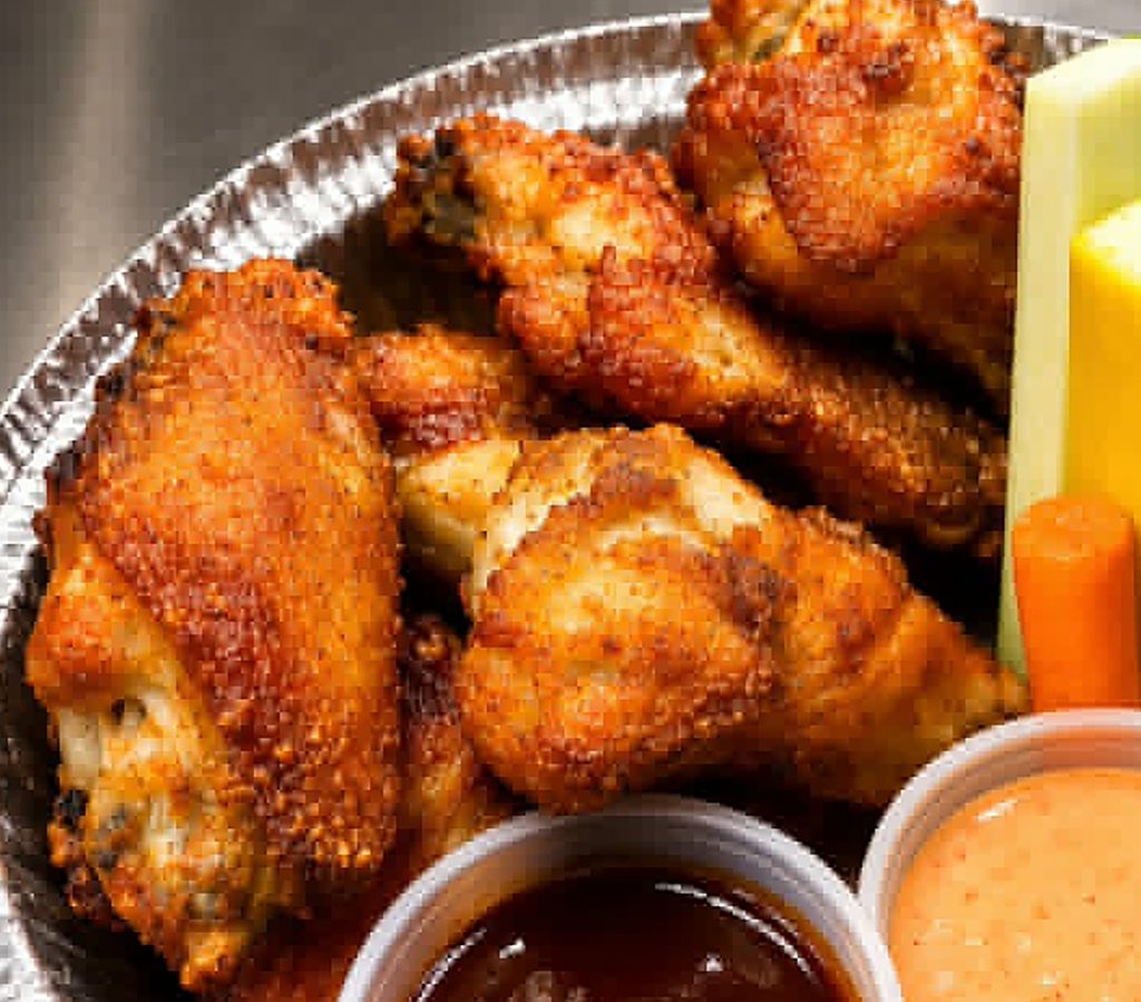 crispy, juicy chicken wings displayed with barbecue and honey mustard dipping sauces