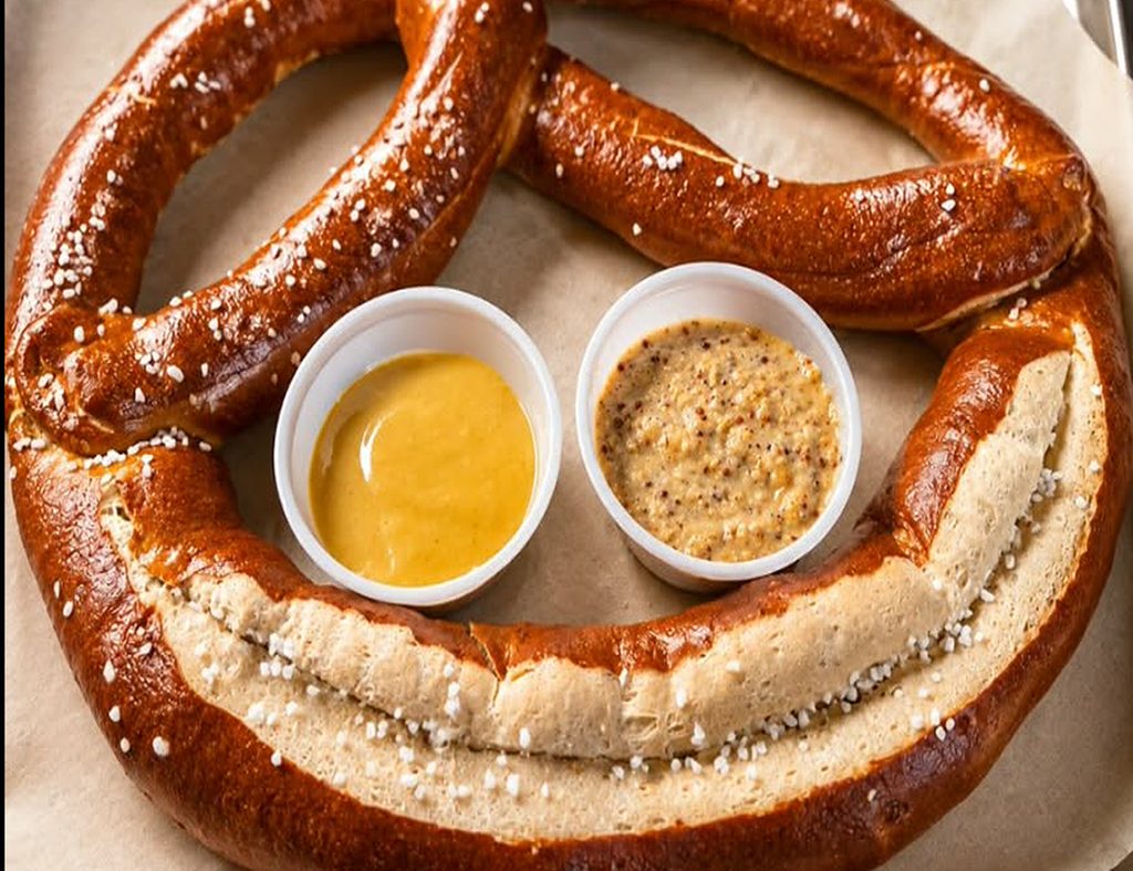 A golden brown salted warm pretels displayed with honey & Raye’s stone ground mustards 
